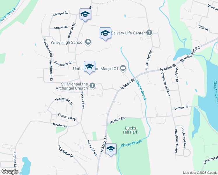 map of restaurants, bars, coffee shops, grocery stores, and more near 56 Buckridge Road in Waterbury