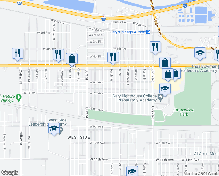 map of restaurants, bars, coffee shops, grocery stores, and more near 626 Durbin Street in Gary