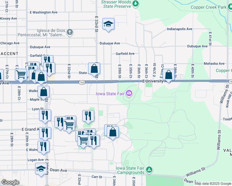 map of restaurants, bars, coffee shops, grocery stores, and more near 3432 Sims Drive in Des Moines