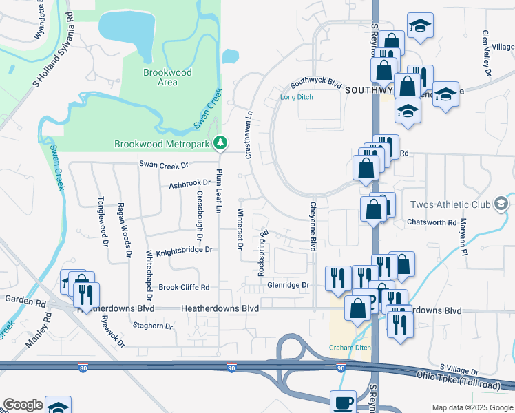 map of restaurants, bars, coffee shops, grocery stores, and more near 5461 Cresthaven Lane in Toledo