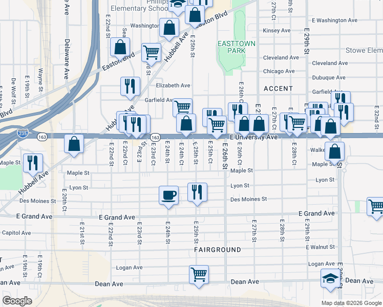 map of restaurants, bars, coffee shops, grocery stores, and more near 905 East 24th Court in Des Moines