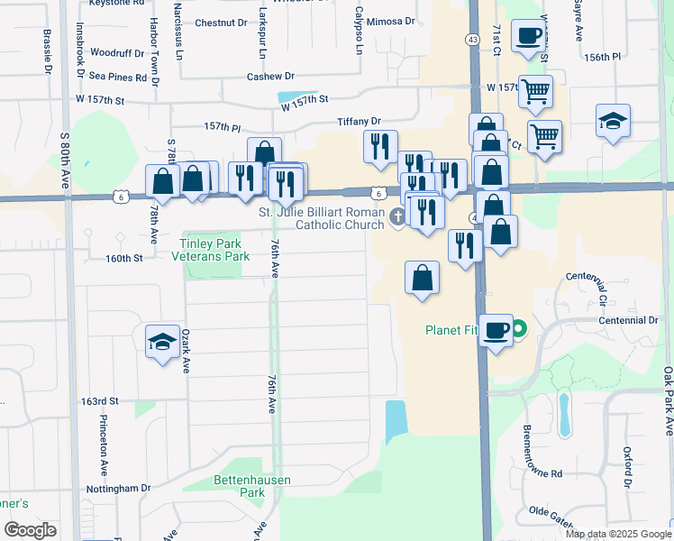 map of restaurants, bars, coffee shops, grocery stores, and more near 7434 160th Place in Tinley Park