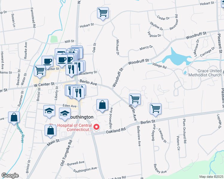 map of restaurants, bars, coffee shops, grocery stores, and more near Berlin Ave & Woodruff St in Southington