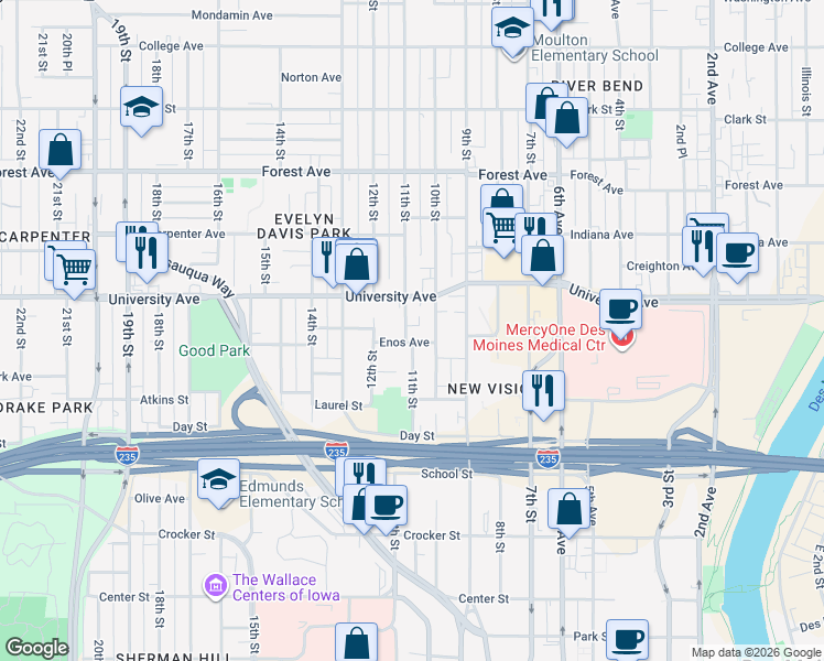 map of restaurants, bars, coffee shops, grocery stores, and more near 1167 11th Street in Des Moines