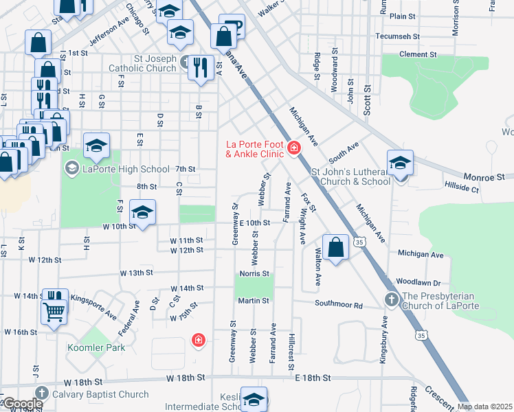 map of restaurants, bars, coffee shops, grocery stores, and more near 867-899 Webber St in La Porte