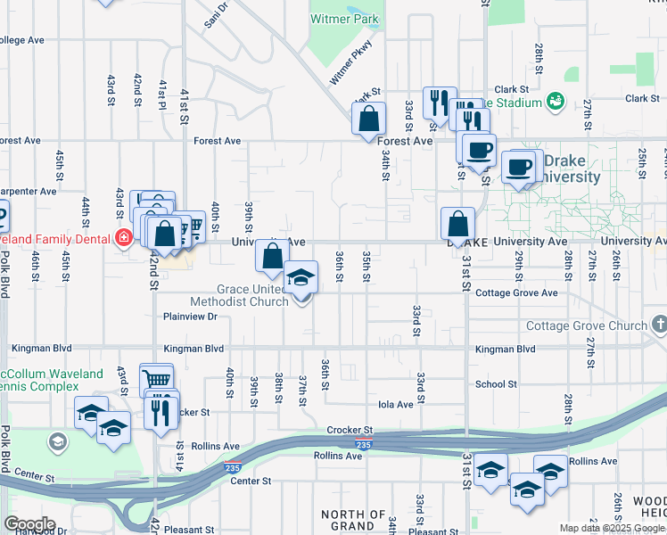 map of restaurants, bars, coffee shops, grocery stores, and more near 1126 36th Street in Des Moines