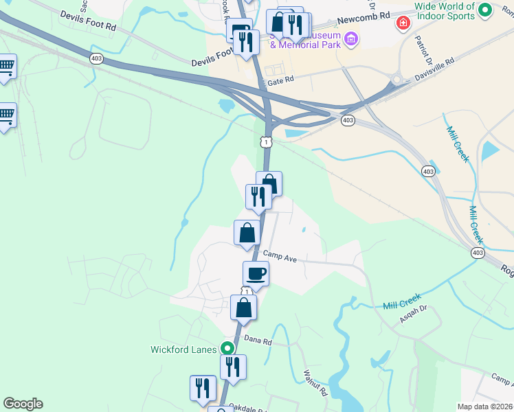 map of restaurants, bars, coffee shops, grocery stores, and more near 7291 Post Road in North Kingstown