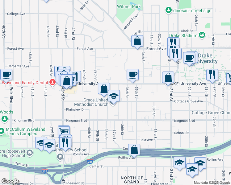 map of restaurants, bars, coffee shops, grocery stores, and more near 1130 37th Street in Des Moines