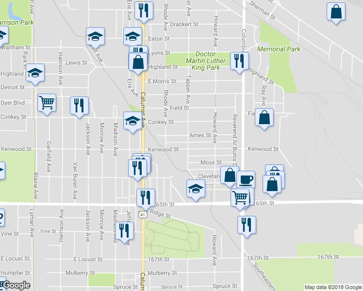 map of restaurants, bars, coffee shops, grocery stores, and more near 931 Kenwood Street in Hammond