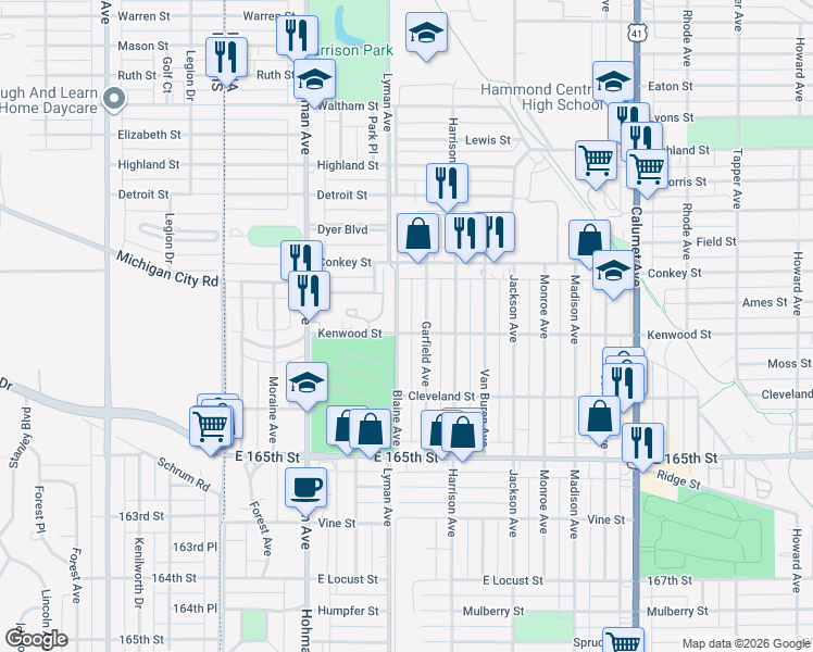 map of restaurants, bars, coffee shops, grocery stores, and more near 6252 Garfield Avenue in Hammond