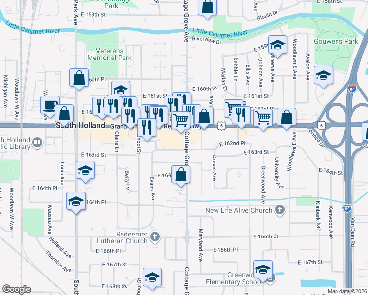 map of restaurants, bars, coffee shops, grocery stores, and more near 796 East 163rd Street in South Holland
