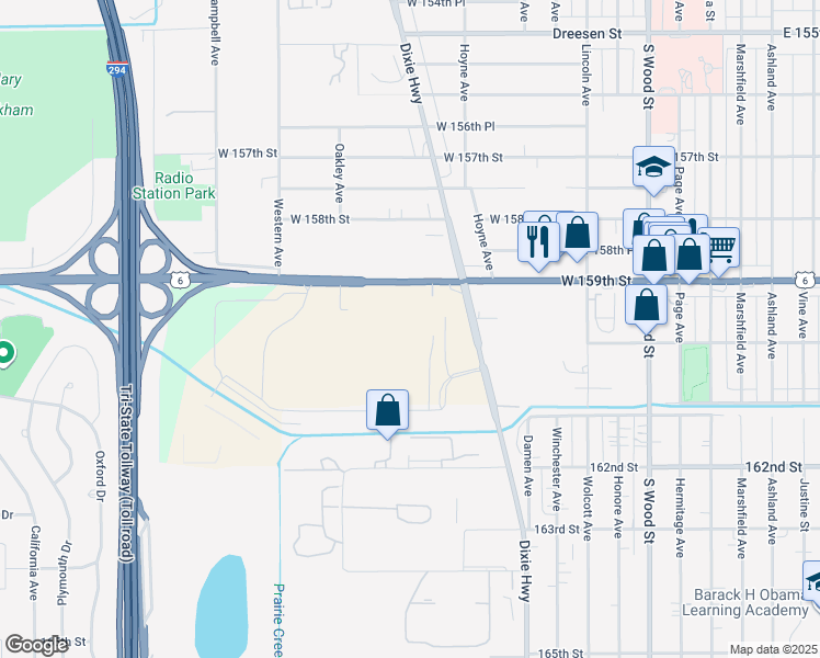 map of restaurants, bars, coffee shops, grocery stores, and more near 14826 Leavitt Avenue in Harvey