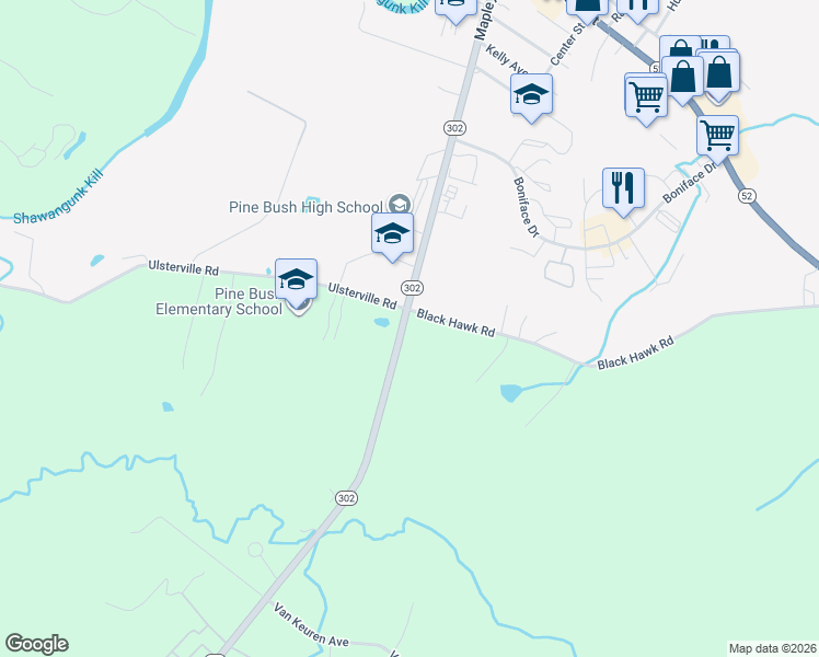 map of restaurants, bars, coffee shops, grocery stores, and more near 187 New York 302 in Pine Bush