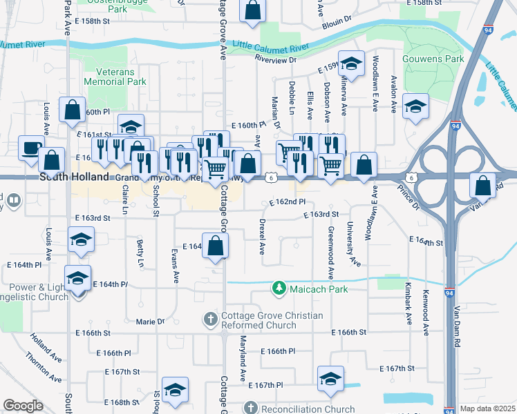 map of restaurants, bars, coffee shops, grocery stores, and more near 16246 Drexel Ave in South Holland