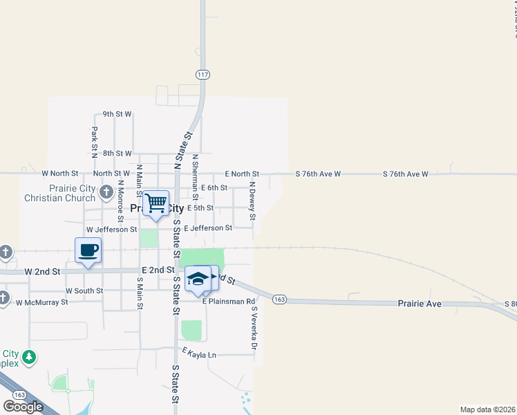 map of restaurants, bars, coffee shops, grocery stores, and more near 606 East 5th Street in Prairie City