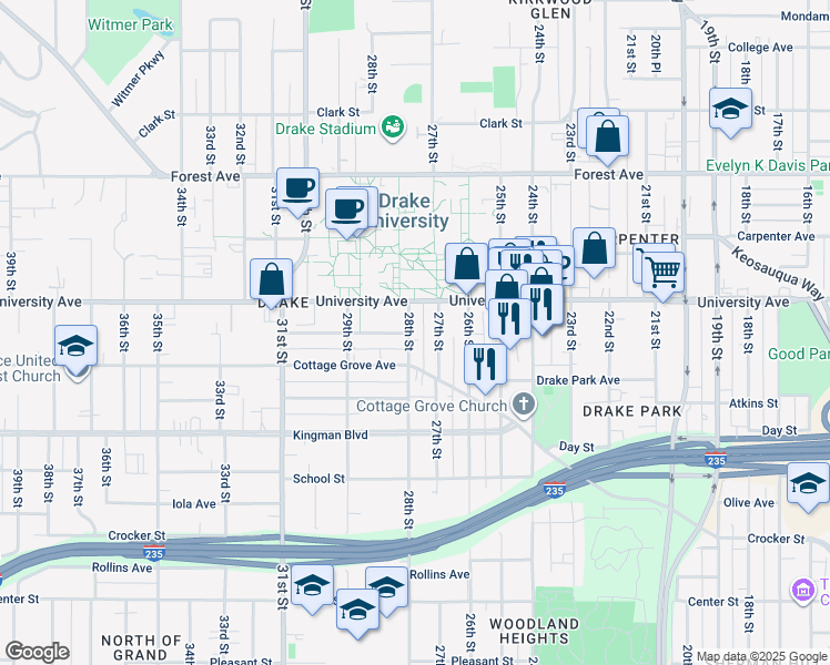 map of restaurants, bars, coffee shops, grocery stores, and more near 1135 28th Street in Des Moines