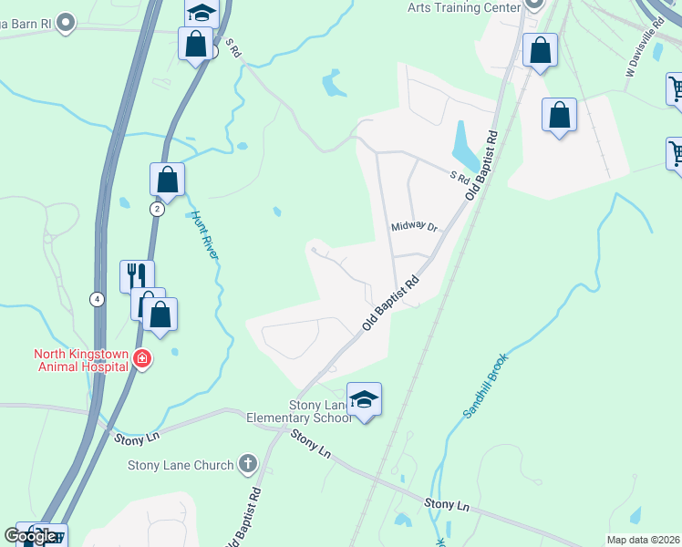 map of restaurants, bars, coffee shops, grocery stores, and more near 15 Caddy Rock Road in North Kingstown