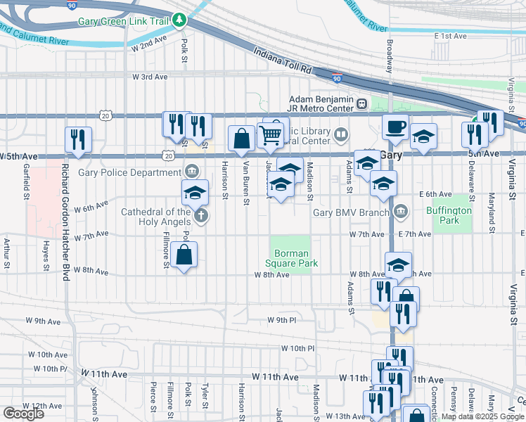 map of restaurants, bars, coffee shops, grocery stores, and more near 630 Jackson Street in Gary