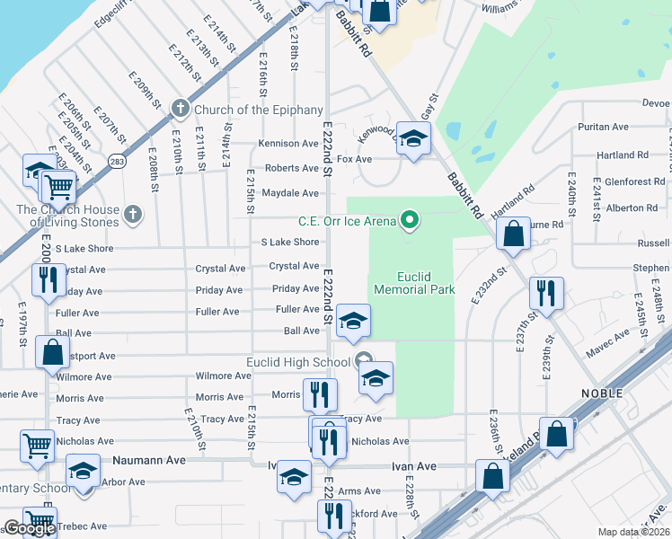 map of restaurants, bars, coffee shops, grocery stores, and more near 571 East 222nd Street in Euclid