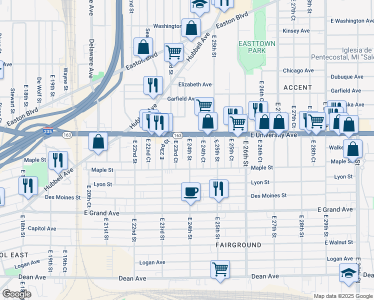 map of restaurants, bars, coffee shops, grocery stores, and more near 902 East 24th Street in Des Moines