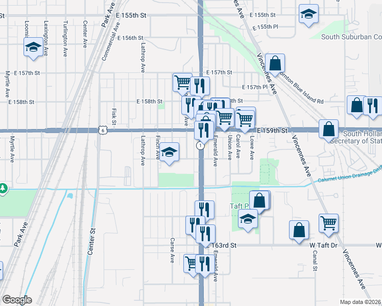 map of restaurants, bars, coffee shops, grocery stores, and more near 15937 Woodbridge Ave in Harvey