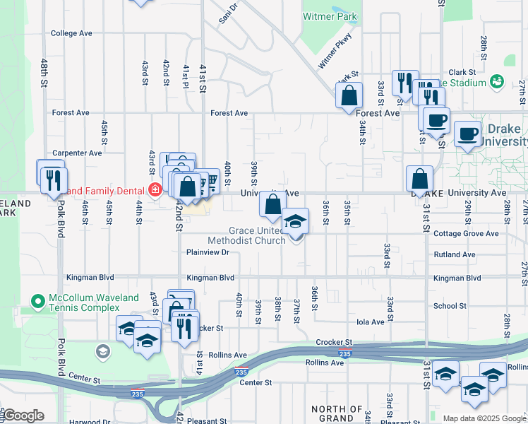 map of restaurants, bars, coffee shops, grocery stores, and more near 1131 39th St in Des Moines