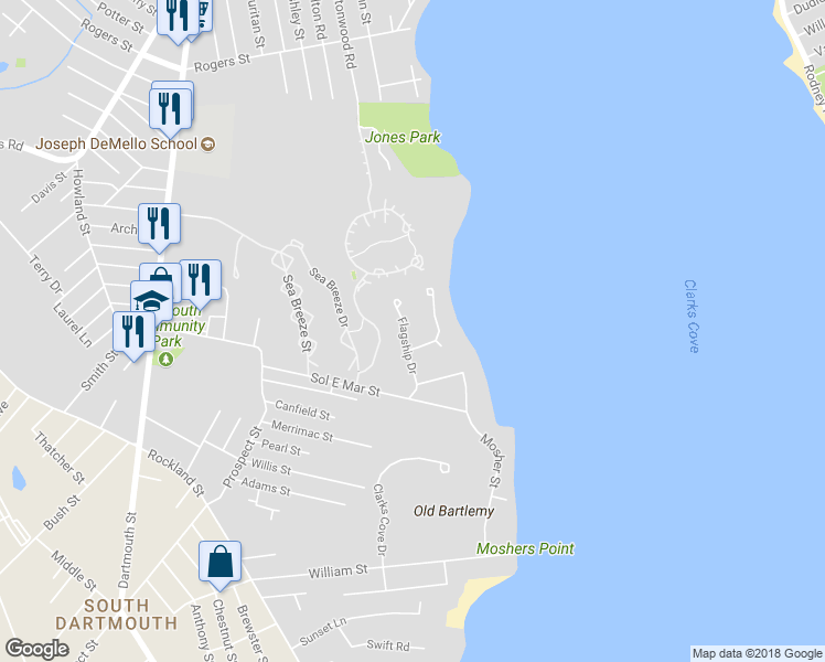 map of restaurants, bars, coffee shops, grocery stores, and more near 12 Flagship Drive in Dartmouth