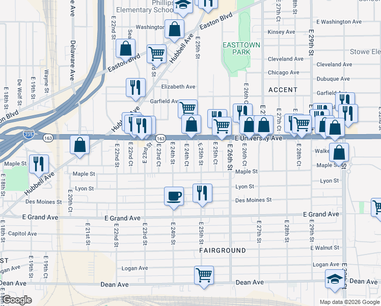 map of restaurants, bars, coffee shops, grocery stores, and more near 905 East 24th Court in Des Moines