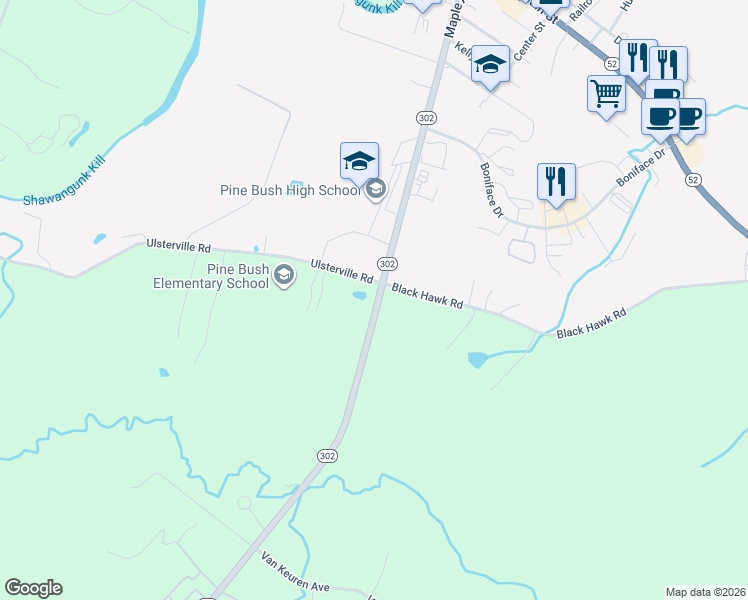 map of restaurants, bars, coffee shops, grocery stores, and more near 187 New York 302 in Pine Bush