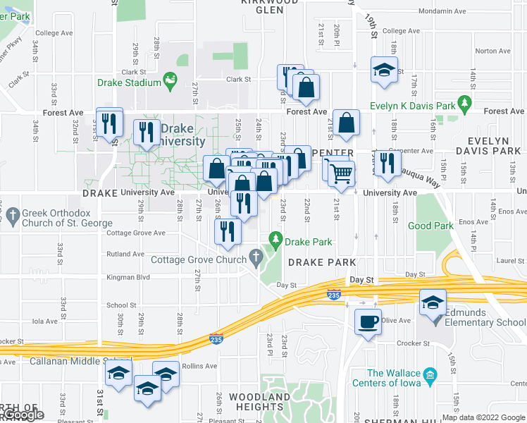 map of restaurants, bars, coffee shops, grocery stores, and more near 1147 24th Street in Des Moines