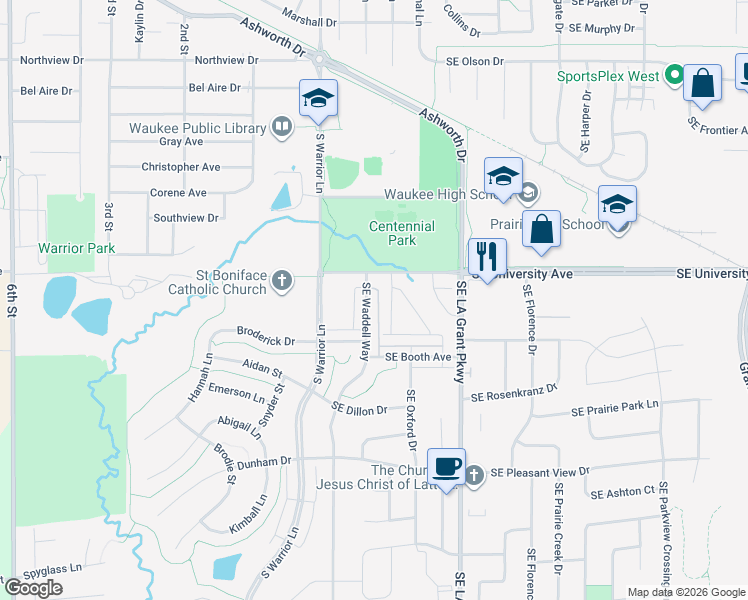 map of restaurants, bars, coffee shops, grocery stores, and more near 1275 Southeast Waddell Way in Waukee