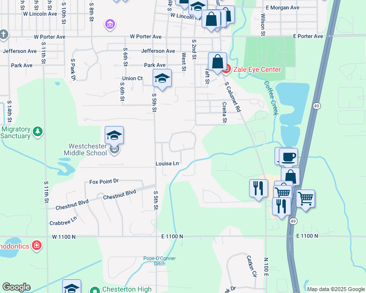 map of restaurants, bars, coffee shops, grocery stores, and more near 1030 Kathryn Court in Chesterton