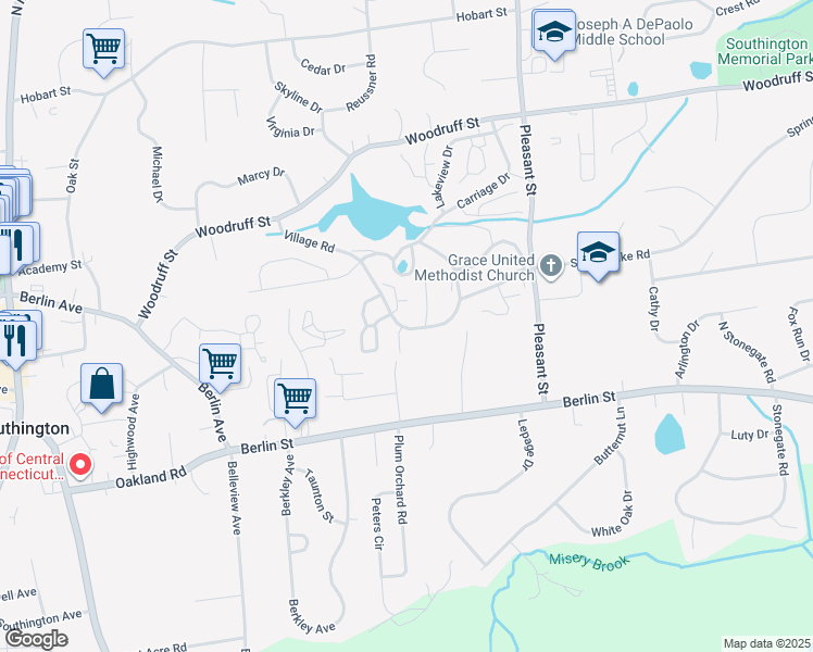 map of restaurants, bars, coffee shops, grocery stores, and more near 7 Hickory Hill Road in Southington