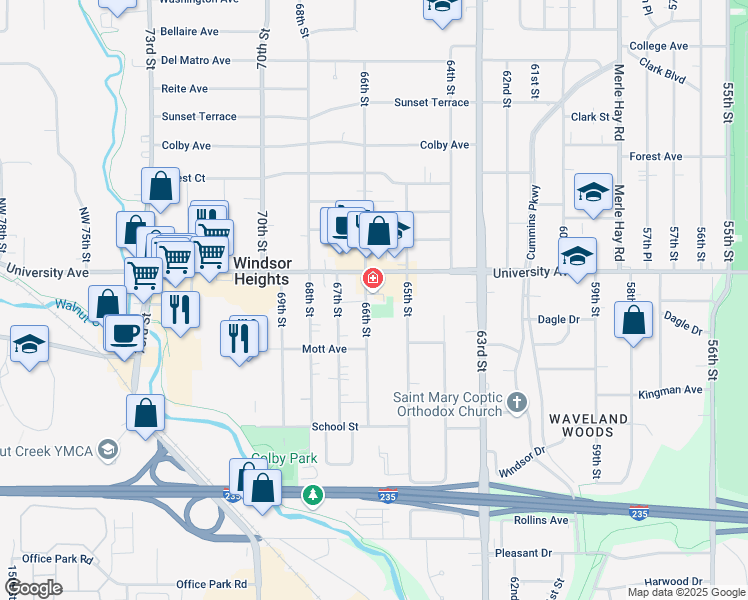 map of restaurants, bars, coffee shops, grocery stores, and more near 1139 66th Street in Windsor Heights