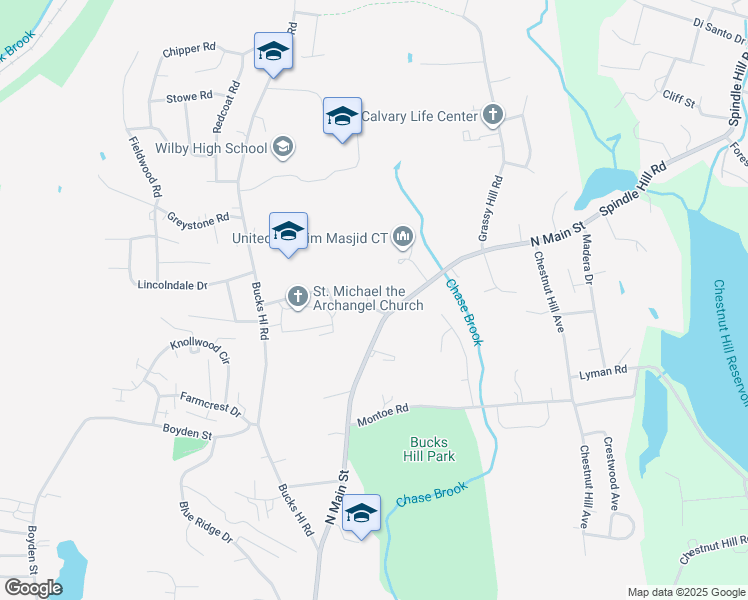 map of restaurants, bars, coffee shops, grocery stores, and more near 52 Buckridge Road in Waterbury