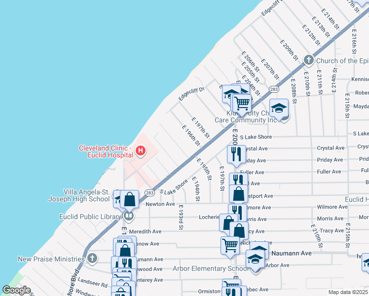 map of restaurants, bars, coffee shops, grocery stores, and more near 171 East 194th Street in Euclid