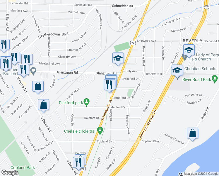 map of restaurants, bars, coffee shops, grocery stores, and more near 2841 Terrace Downs Street in Toledo