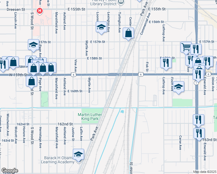 map of restaurants, bars, coffee shops, grocery stores, and more near 15939 Lexington Avenue in Harvey
