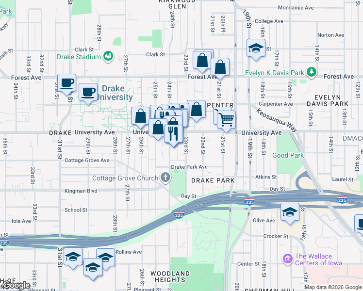 map of restaurants, bars, coffee shops, grocery stores, and more near 1153 23rd Street in Des Moines