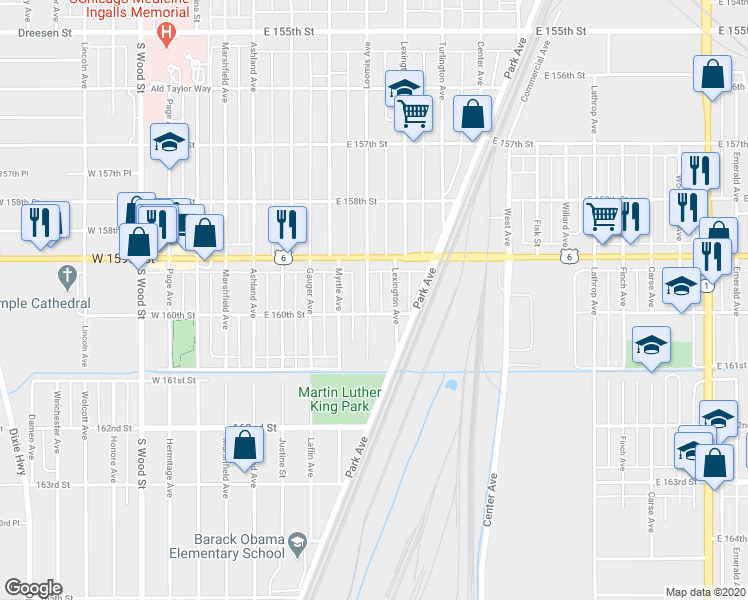 map of restaurants, bars, coffee shops, grocery stores, and more near 15937 Loomis Avenue in Harvey