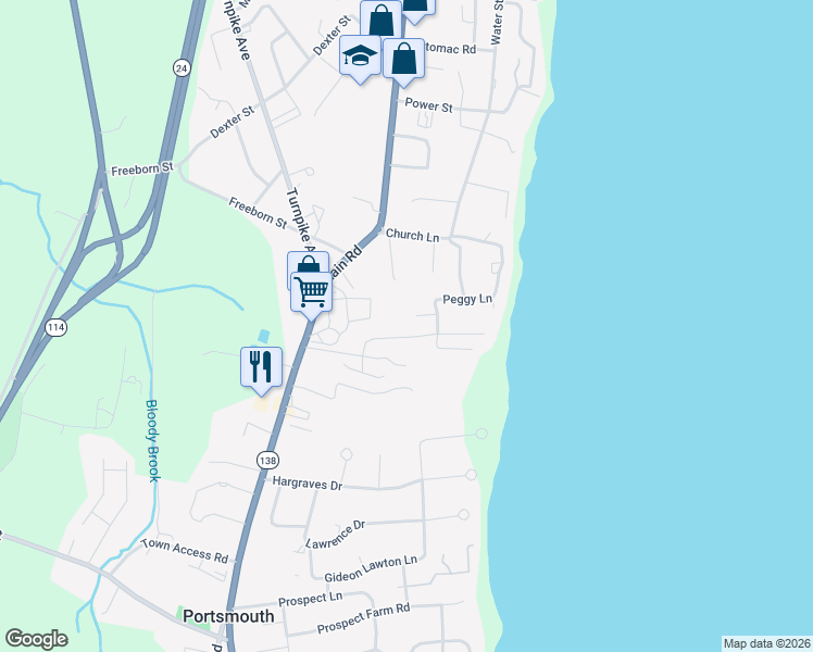 map of restaurants, bars, coffee shops, grocery stores, and more near 116 Immokolee Drive in Portsmouth