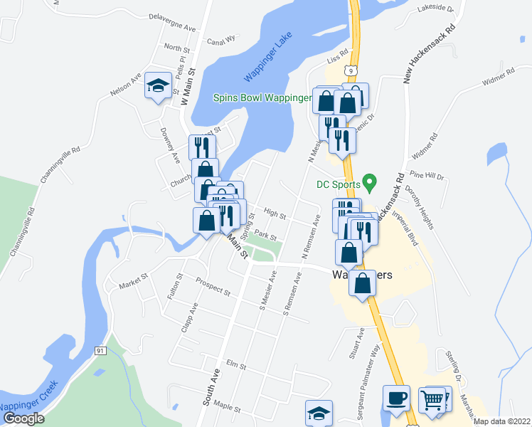 map of restaurants, bars, coffee shops, grocery stores, and more near 11 Park Avenue in Wappingers Falls