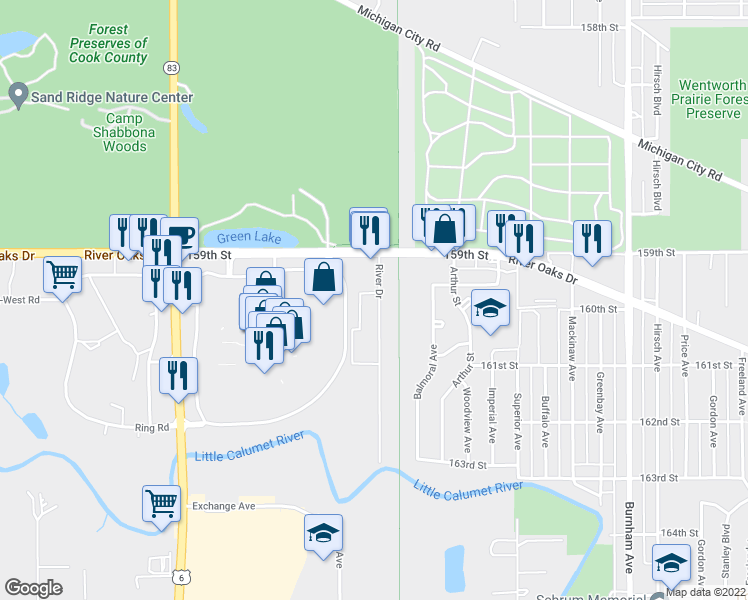 map of restaurants, bars, coffee shops, grocery stores, and more near 1242 River Drive in Calumet City