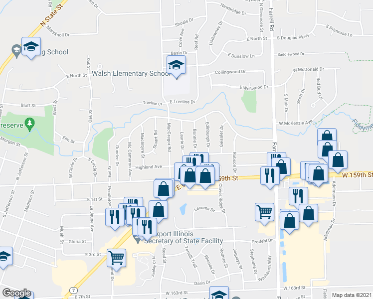 map of restaurants, bars, coffee shops, grocery stores, and more near 204 Laurie Drive in Lockport