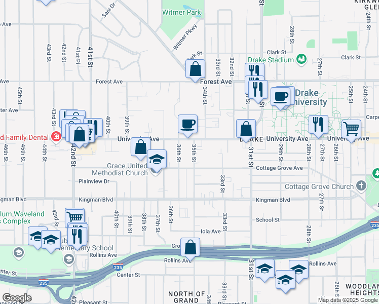 map of restaurants, bars, coffee shops, grocery stores, and more near 1130 35th Street in Des Moines