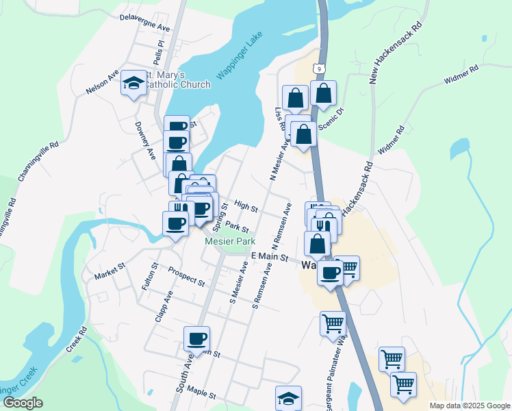 map of restaurants, bars, coffee shops, grocery stores, and more near 38 High Street in Wappingers Falls