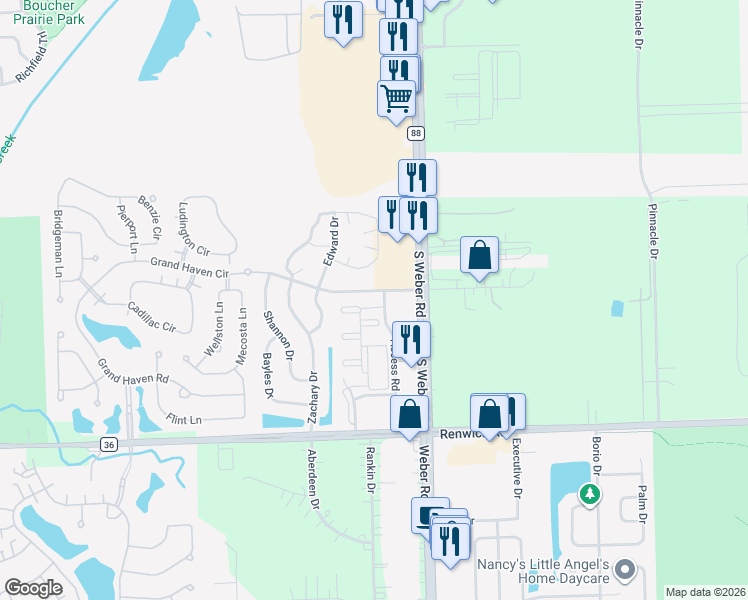 map of restaurants, bars, coffee shops, grocery stores, and more near 718 South Weber Road in Romeoville