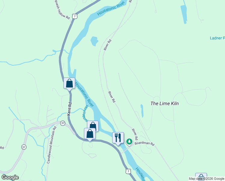 map of restaurants, bars, coffee shops, grocery stores, and more near 58 River Road in New Milford