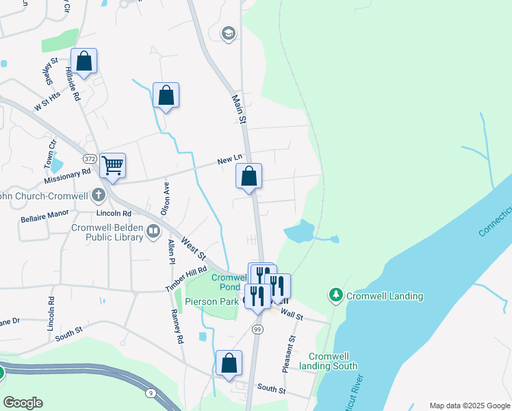 map of restaurants, bars, coffee shops, grocery stores, and more near 372 Main Street in Cromwell