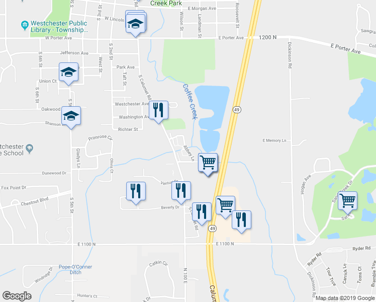 map of restaurants, bars, coffee shops, grocery stores, and more near 128 Abbey Lane in Chesterton